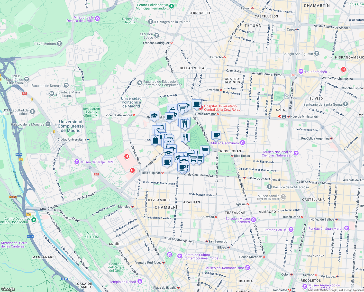 map of restaurants, bars, coffee shops, grocery stores, and more near 21 Calle de Melquíades Álvarez in Madrid