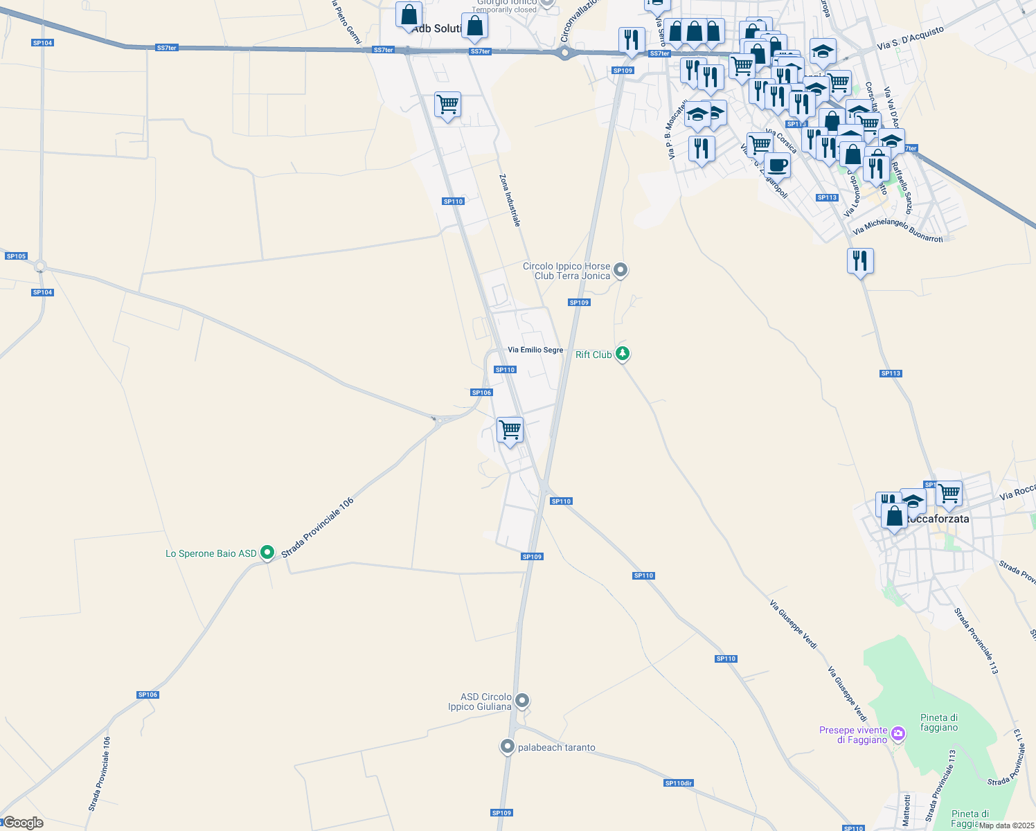 map of restaurants, bars, coffee shops, grocery stores, and more near Via Tulio Levicivida in Provincia di Taranto