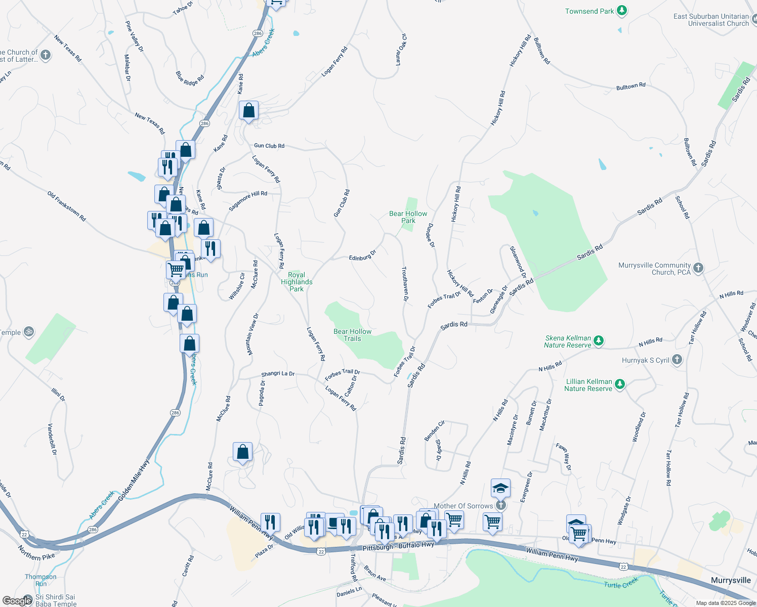 map of restaurants, bars, coffee shops, grocery stores, and more near 4019 Dublane Ct in Murrysville