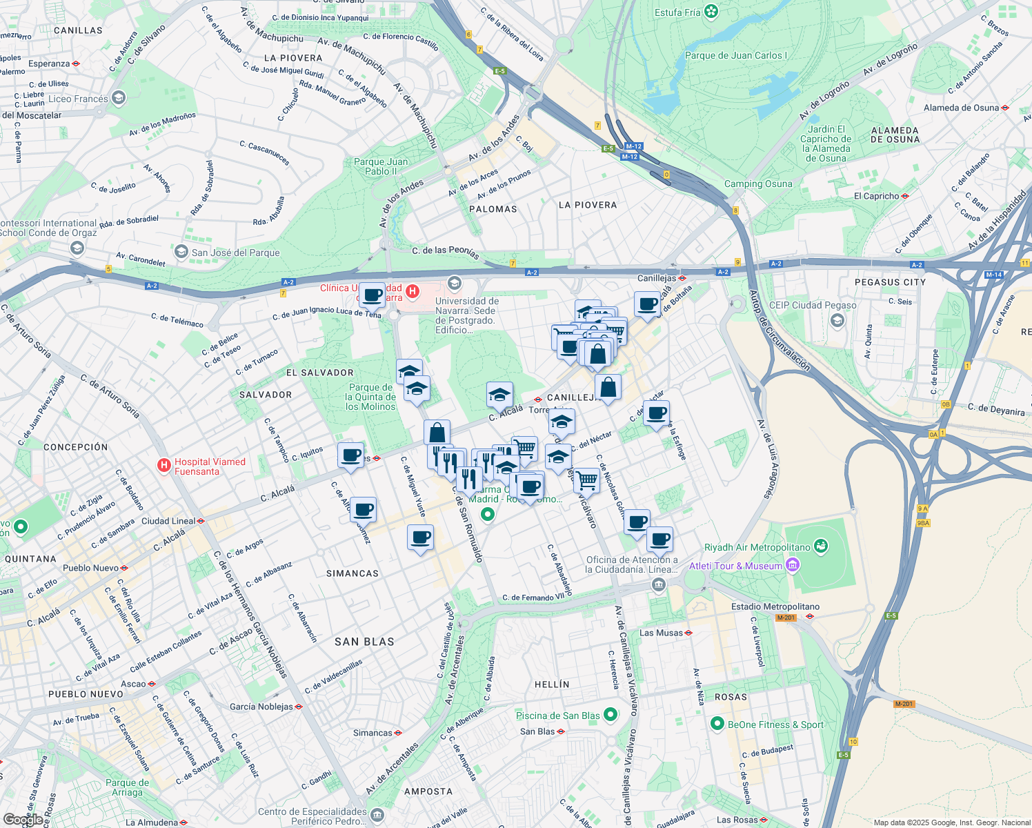 map of restaurants, bars, coffee shops, grocery stores, and more near 544 Calle de Alcalá in Madrid