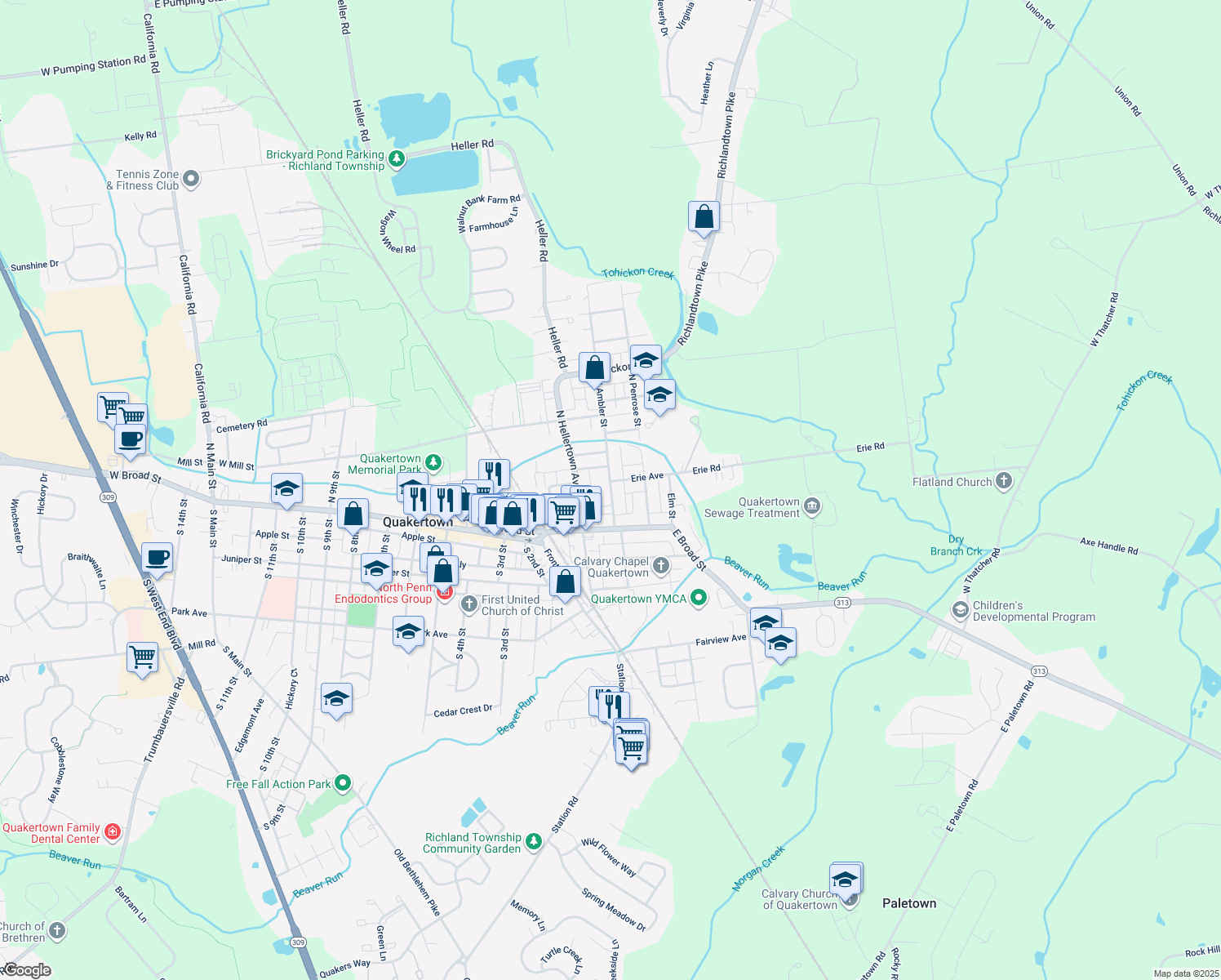 map of restaurants, bars, coffee shops, grocery stores, and more near 54 North Ambler Street in Quakertown