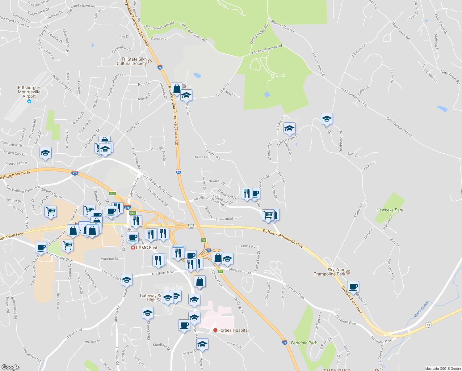 map of restaurants, bars, coffee shops, grocery stores, and more near 100 Camberly Drive in Monroeville