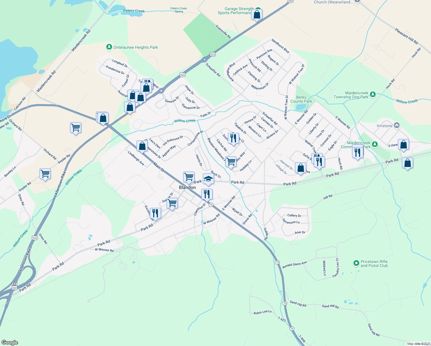 map of restaurants, bars, coffee shops, grocery stores, and more near 285 Spirit Court in Blandon