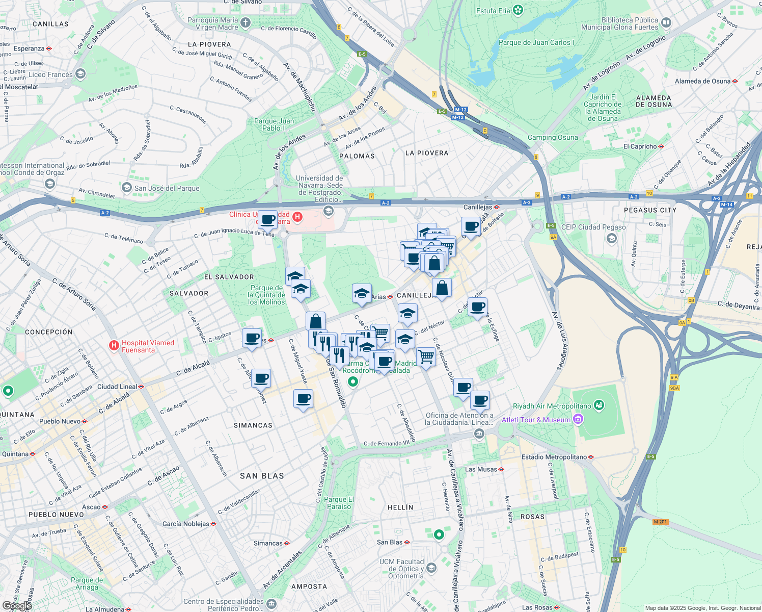 map of restaurants, bars, coffee shops, grocery stores, and more near 546 Calle de Alcalá in Madrid