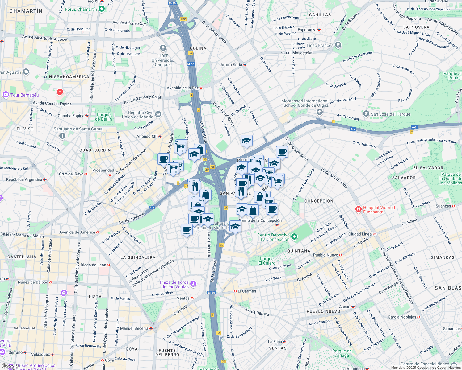 map of restaurants, bars, coffee shops, grocery stores, and more near 5 Calle de Albacete in Madrid