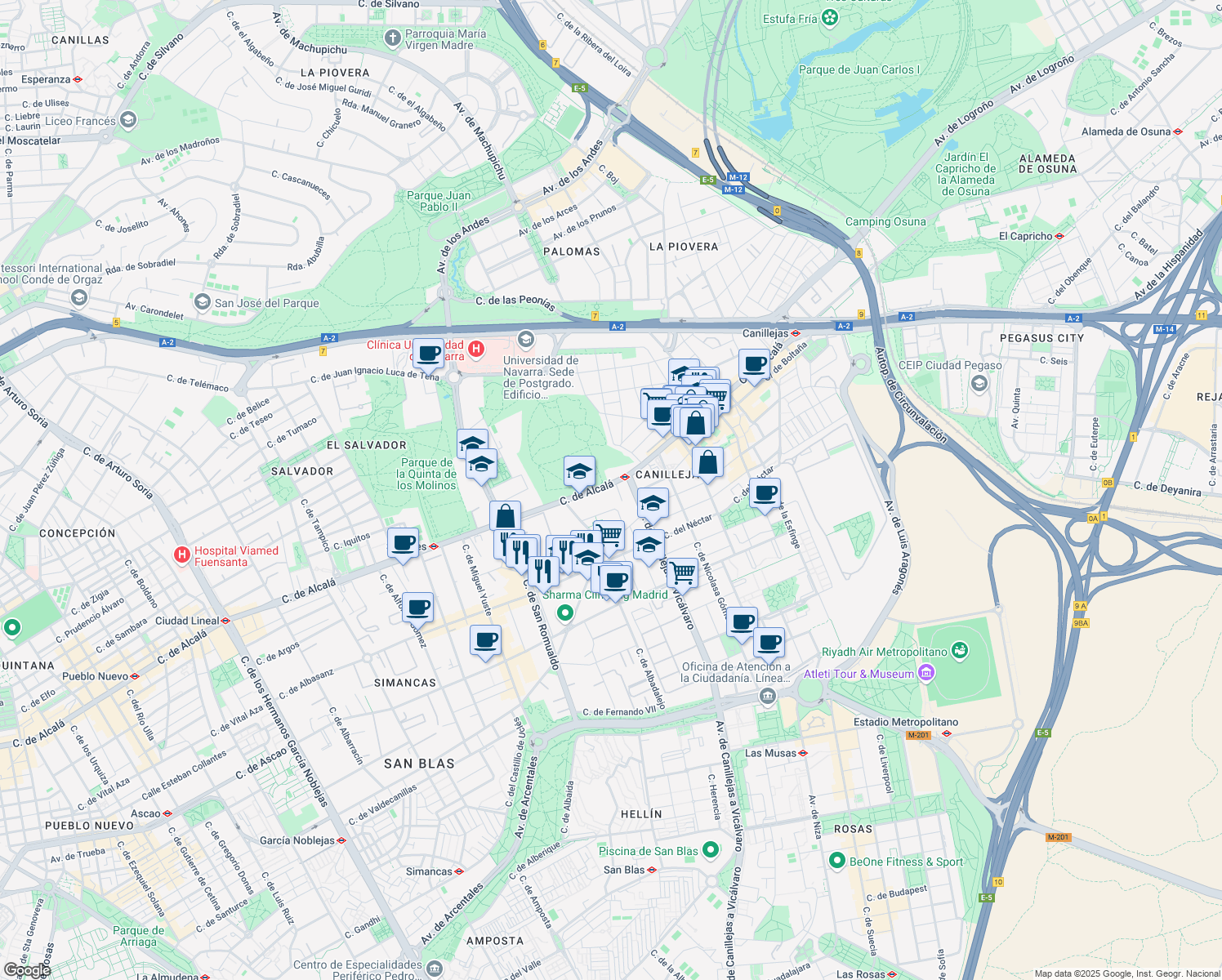 map of restaurants, bars, coffee shops, grocery stores, and more near 544 Calle de Alcalá in Madrid