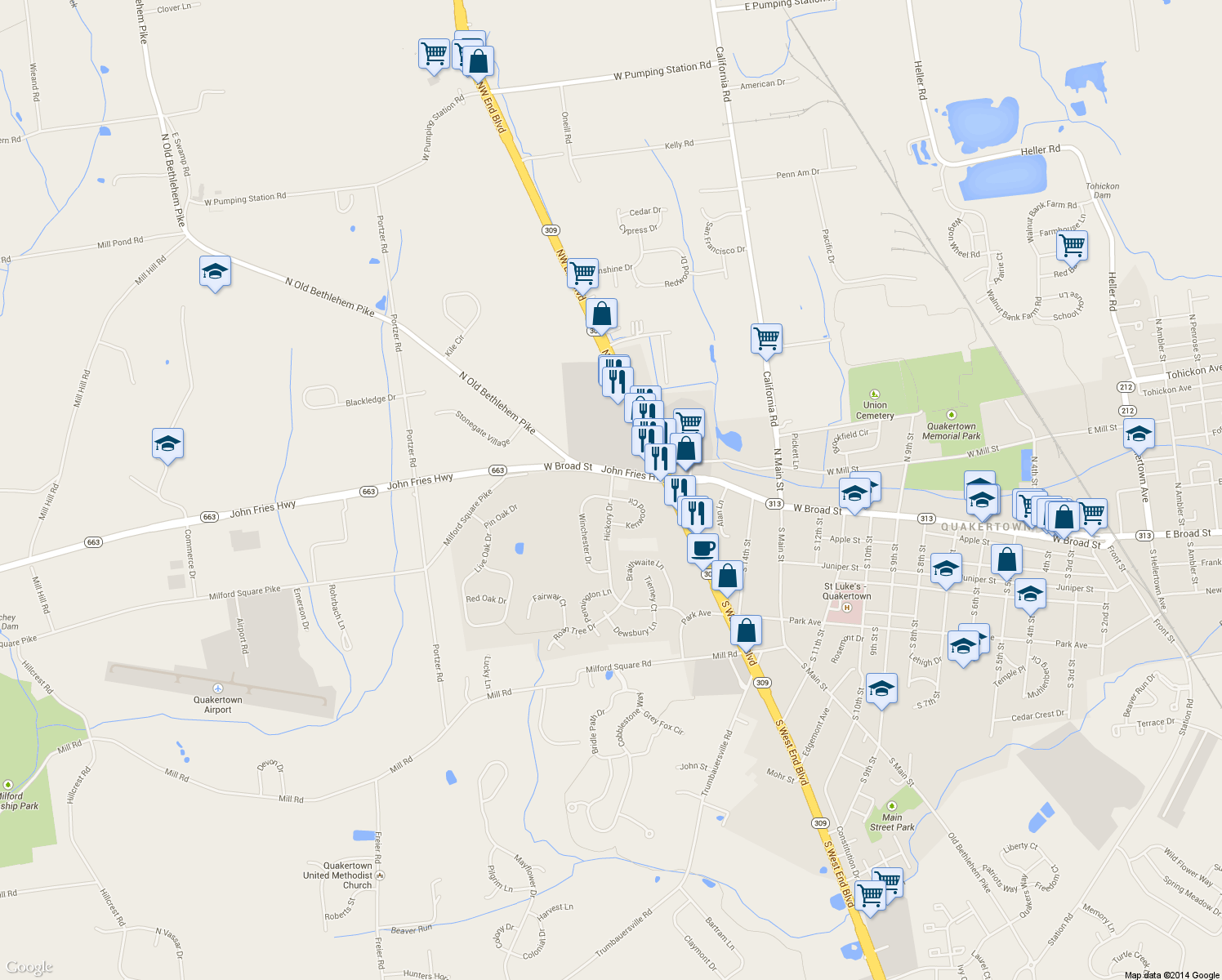 map of restaurants, bars, coffee shops, grocery stores, and more near 125 Hickory Drive in Quakertown