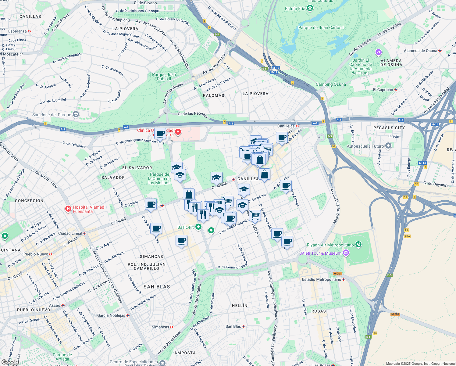 map of restaurants, bars, coffee shops, grocery stores, and more near 546 Calle de Alcalá in Madrid