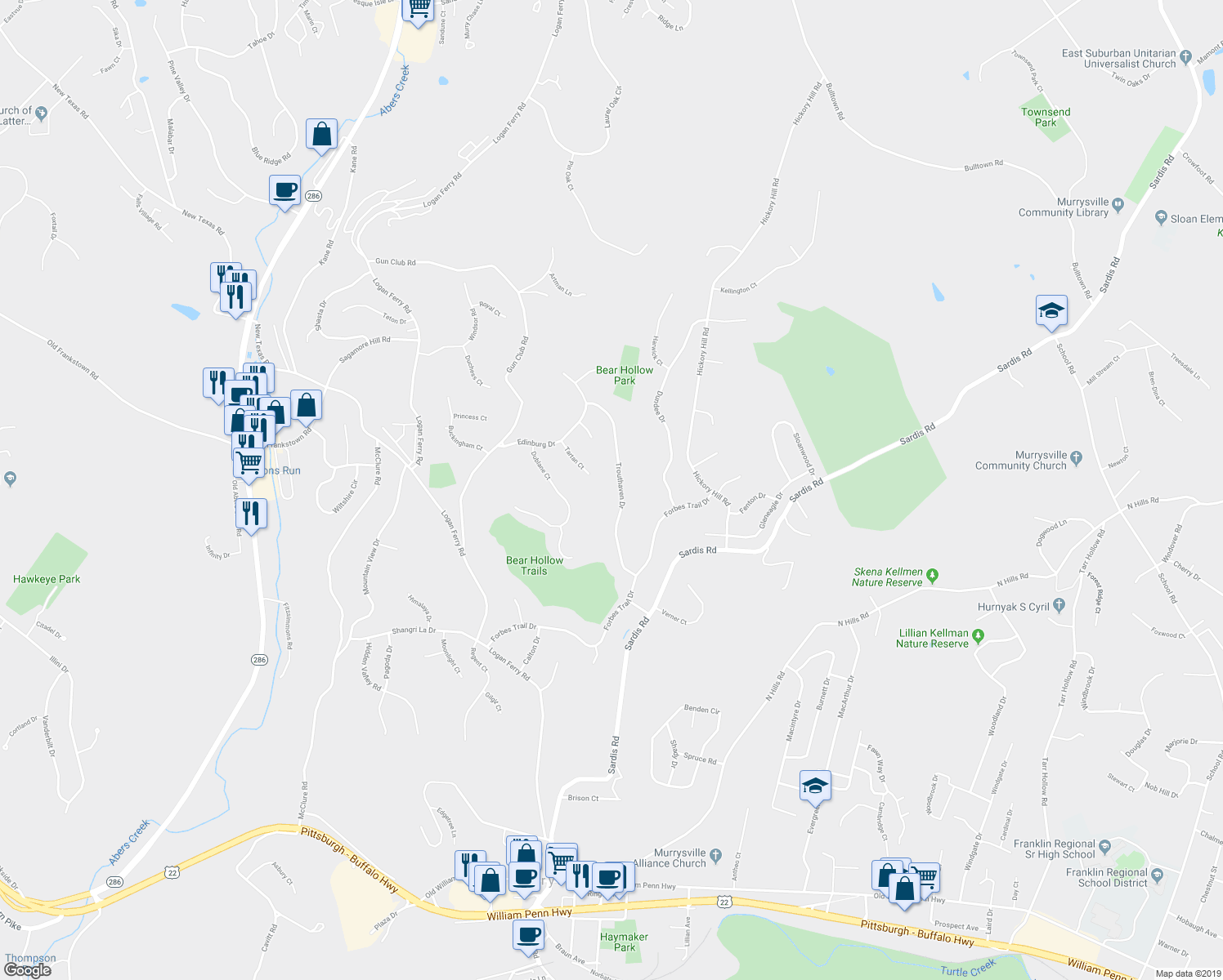 map of restaurants, bars, coffee shops, grocery stores, and more near 4293 Trouthaven Drive in Murrysville