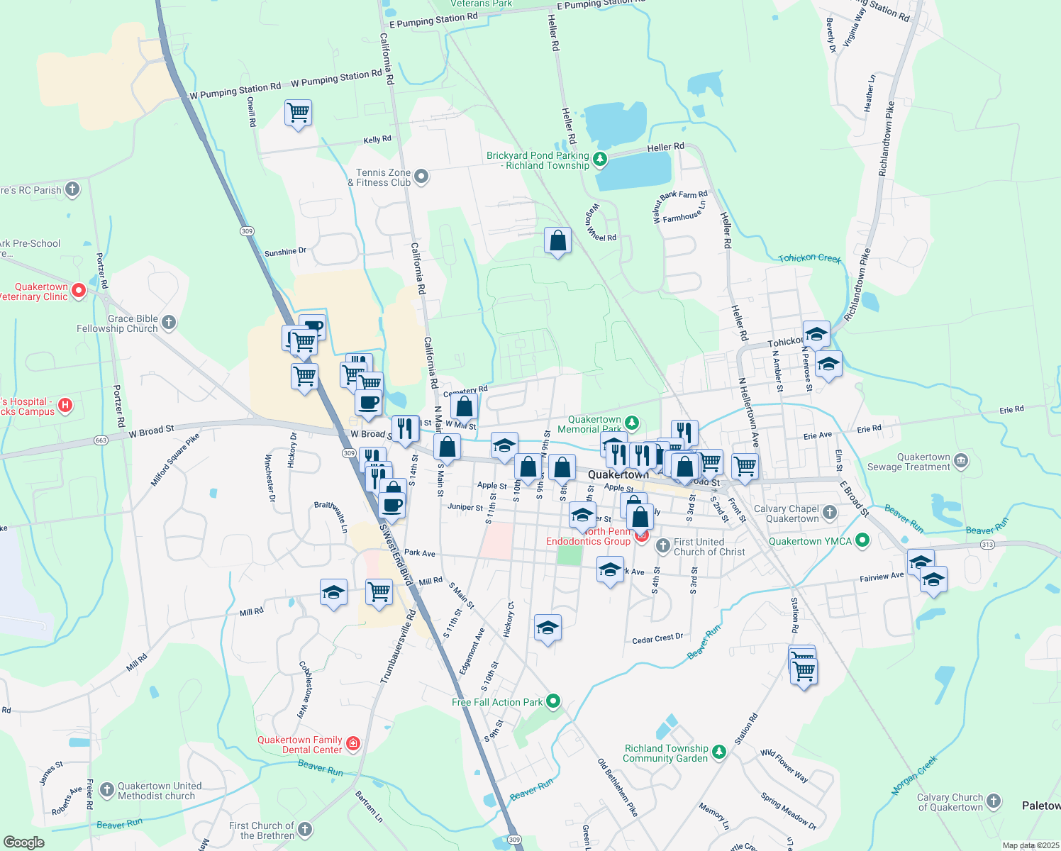 map of restaurants, bars, coffee shops, grocery stores, and more near 932 West Mill Street in Quakertown