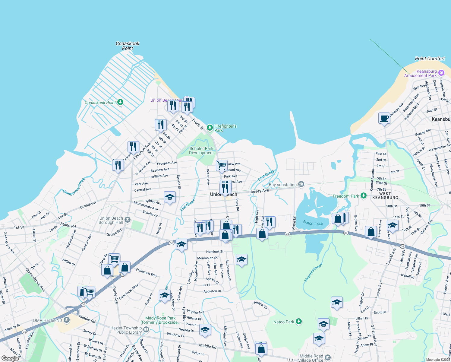 map of restaurants, bars, coffee shops, grocery stores, and more near 703 Central Avenue in Union Beach