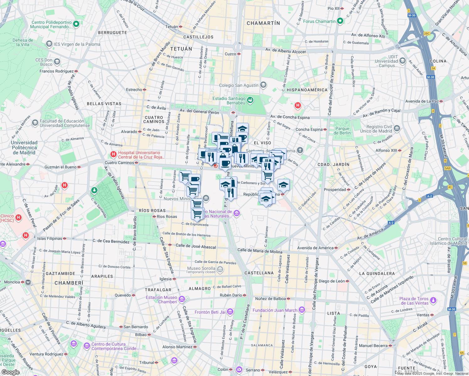map of restaurants, bars, coffee shops, grocery stores, and more near 100 Paseo de la Castellana in Madrid