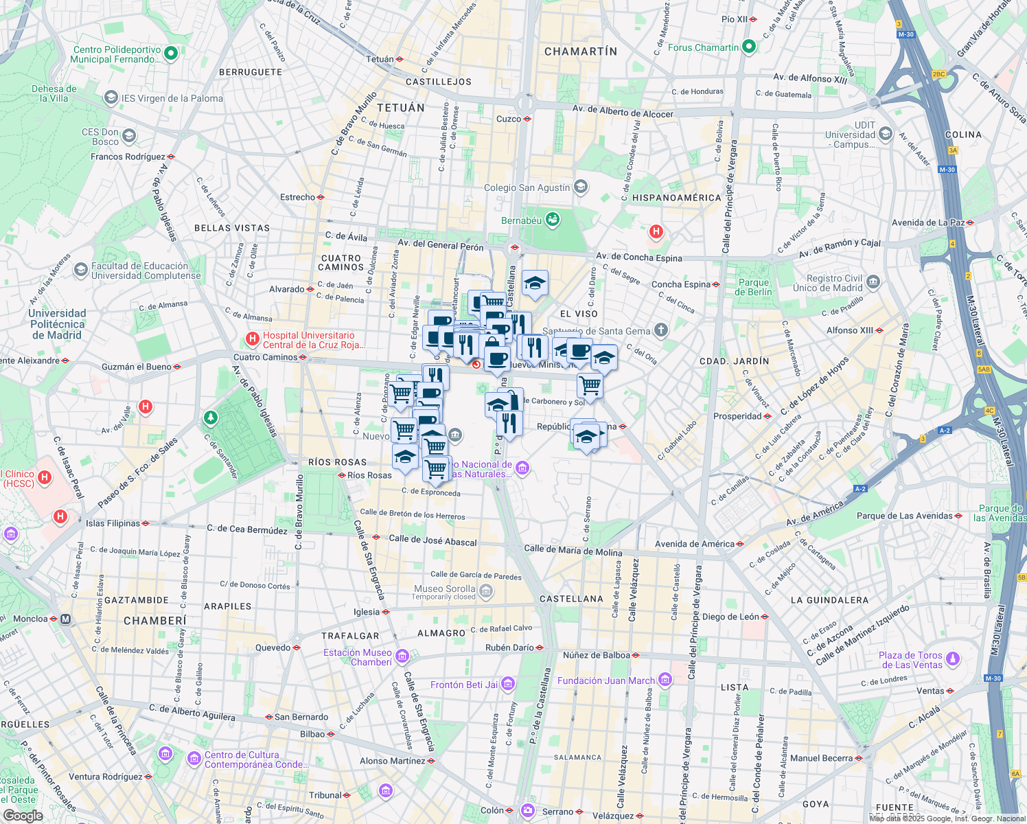 map of restaurants, bars, coffee shops, grocery stores, and more near 100 Paseo de la Castellana in Madrid