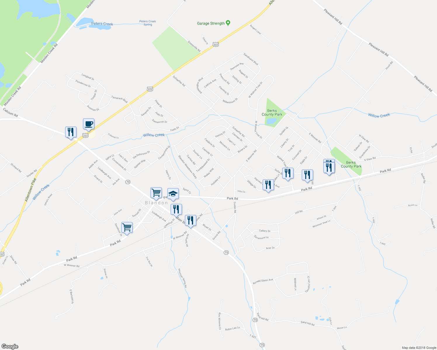 map of restaurants, bars, coffee shops, grocery stores, and more near 236 Holiday Lane in Blandon
