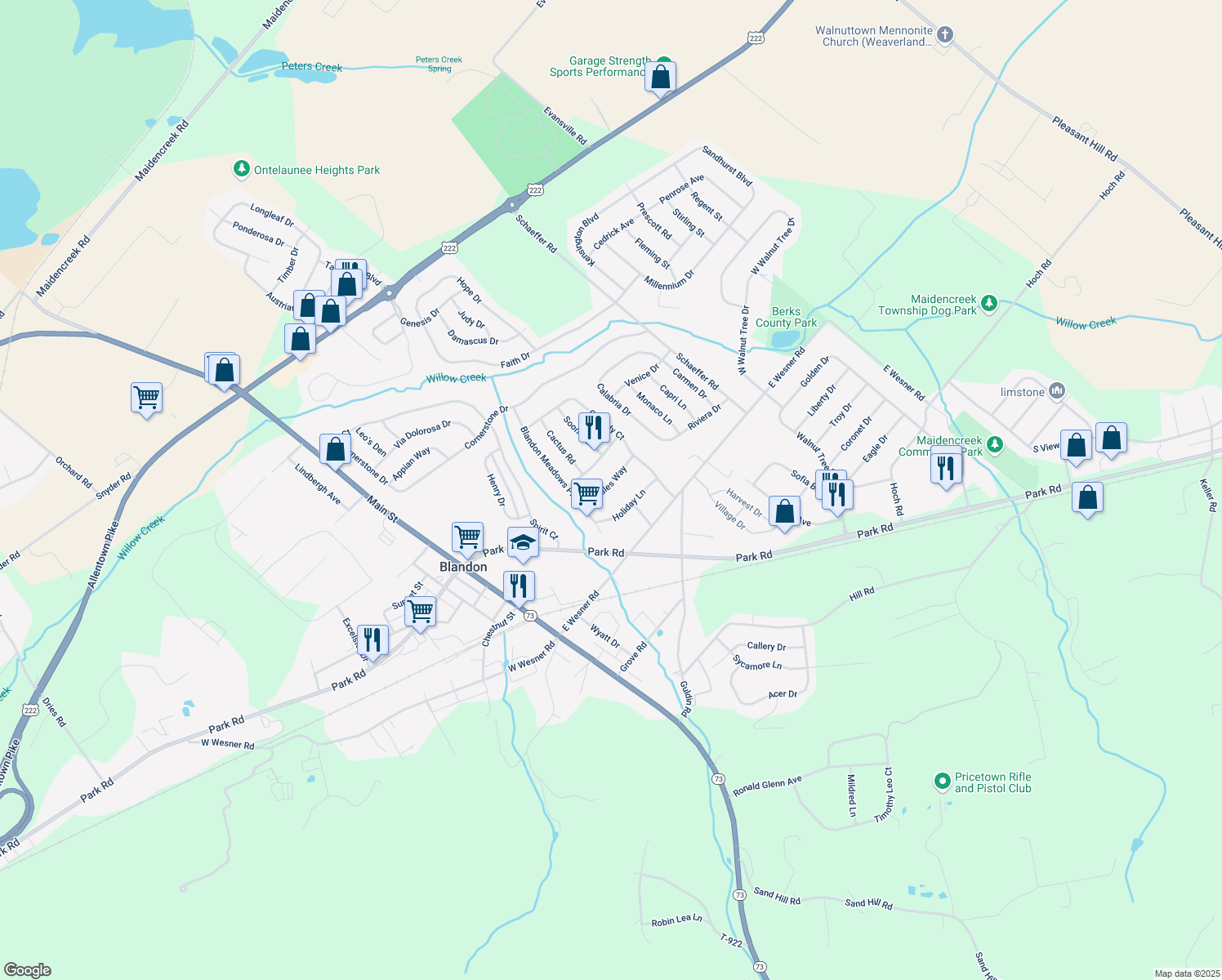map of restaurants, bars, coffee shops, grocery stores, and more near 221 Wales Way in Blandon