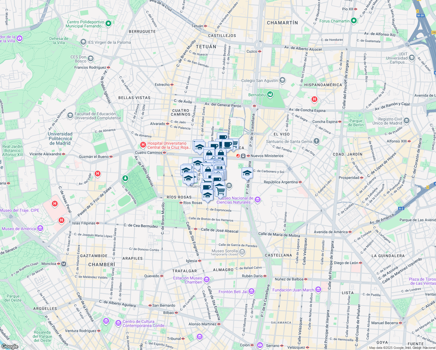 map of restaurants, bars, coffee shops, grocery stores, and more near 16 Calle María Panes in Madrid