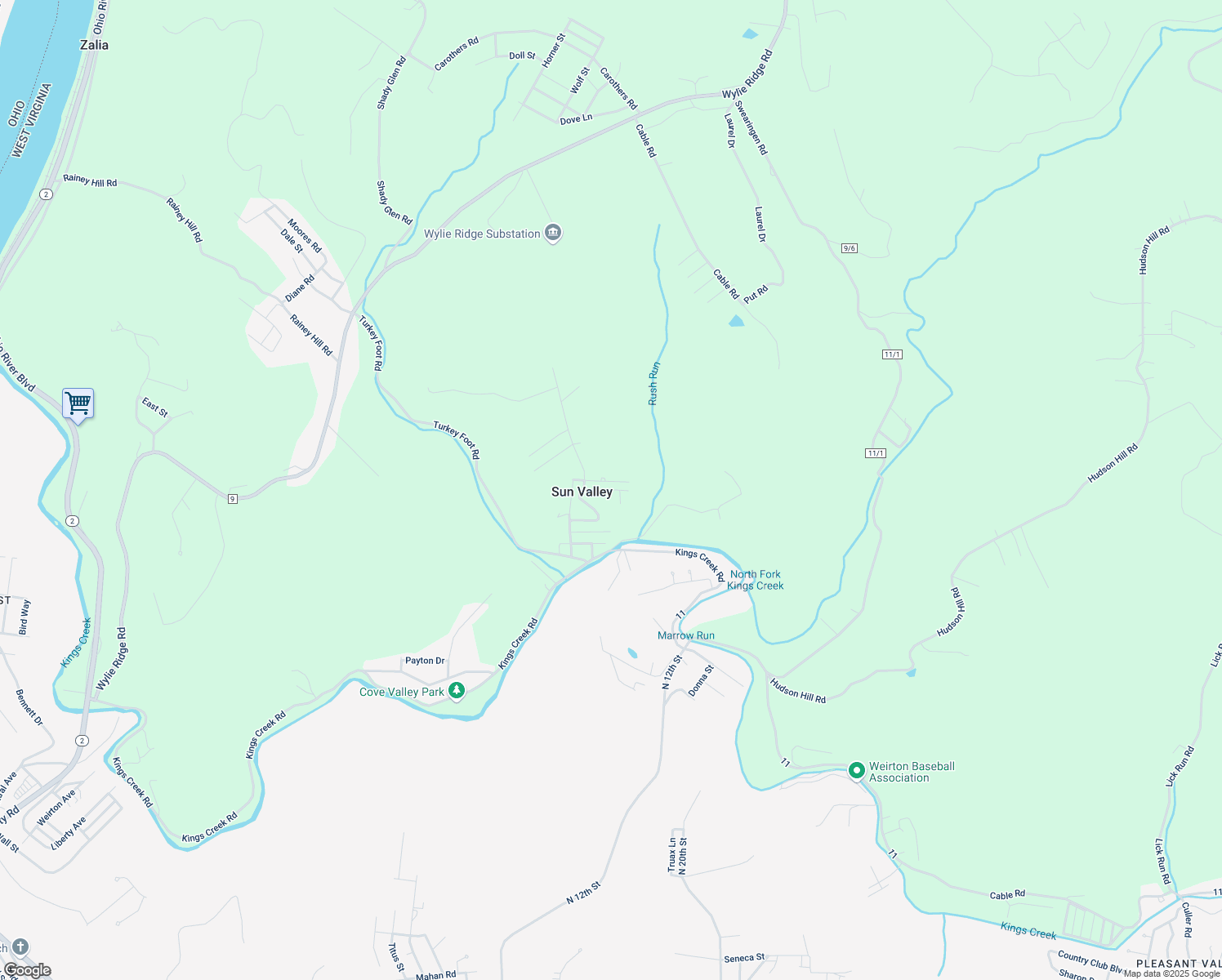 map of restaurants, bars, coffee shops, grocery stores, and more near Point View in Weirton