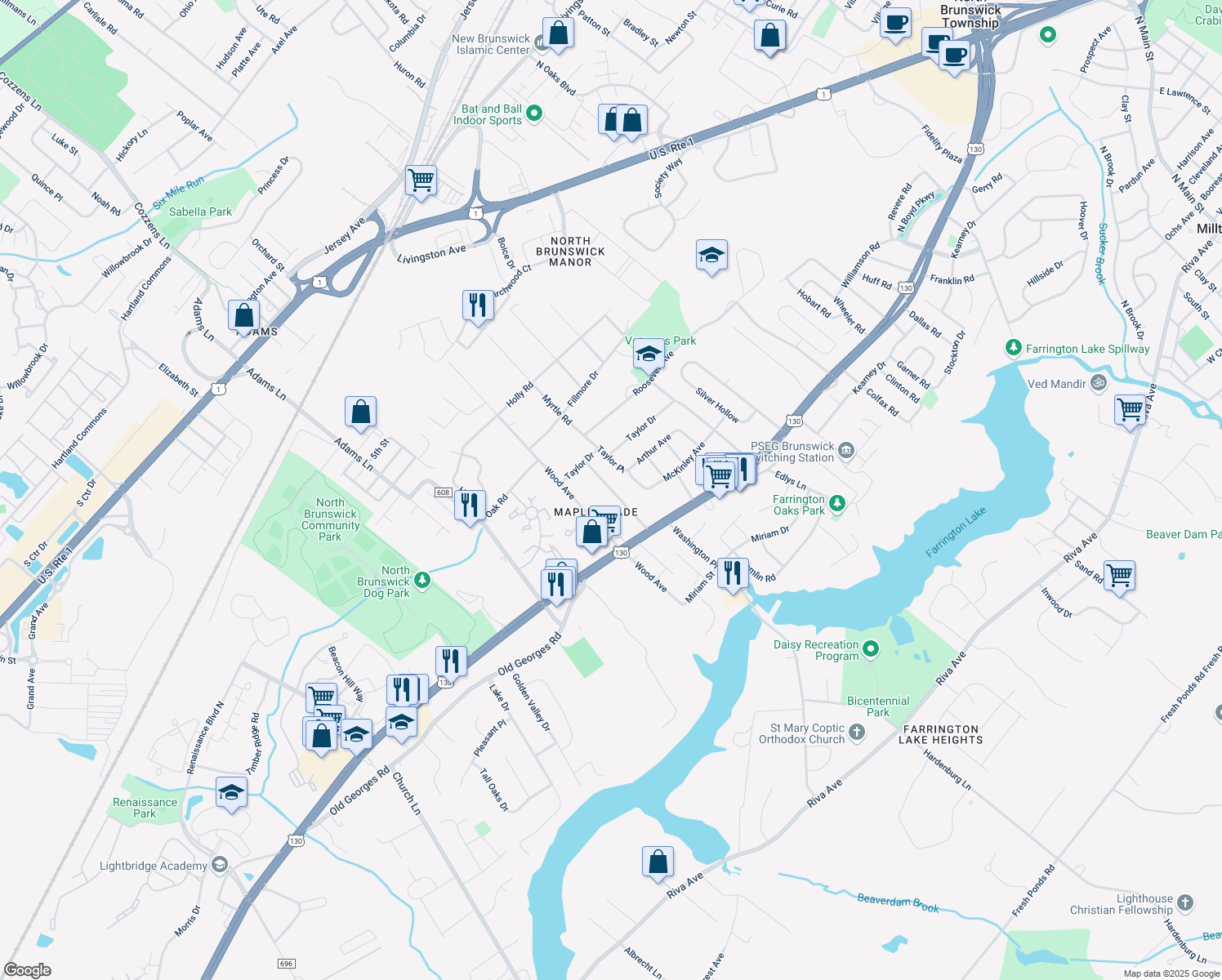 map of restaurants, bars, coffee shops, grocery stores, and more near 470 Calvert Road in North Brunswick Township