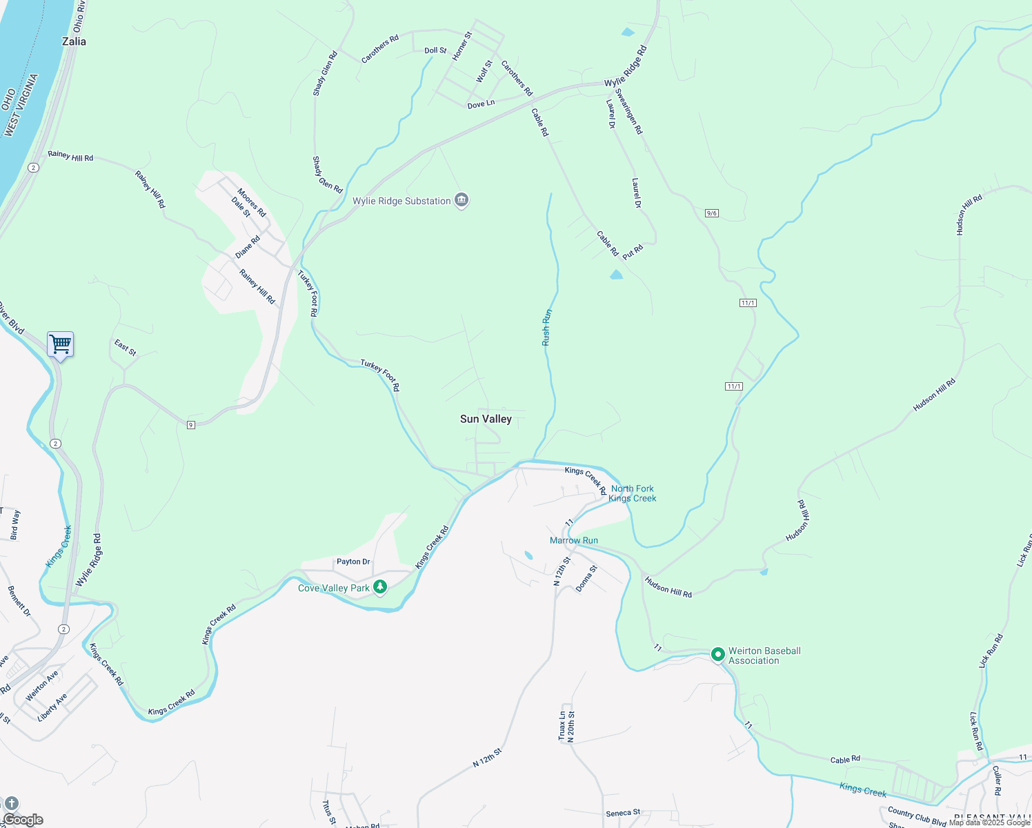 map of restaurants, bars, coffee shops, grocery stores, and more near Point View in Weirton