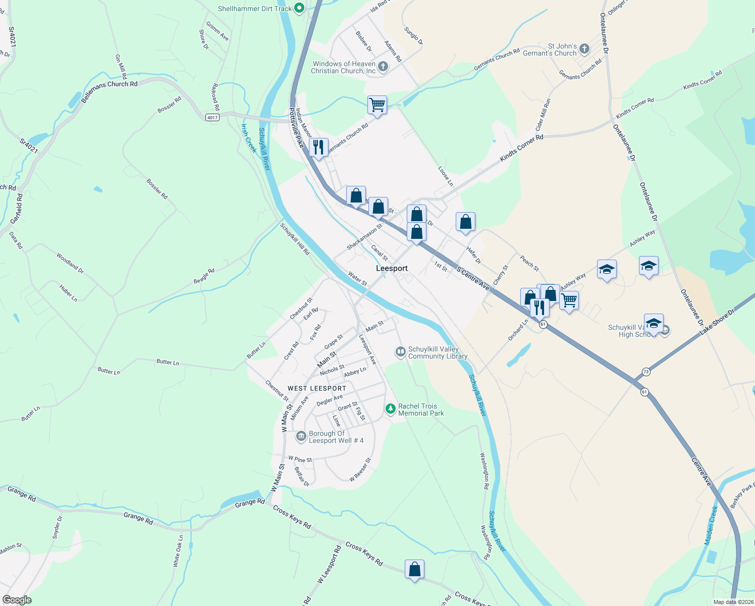 map of restaurants, bars, coffee shops, grocery stores, and more near 40 South Schuylkill Avenue in Leesport