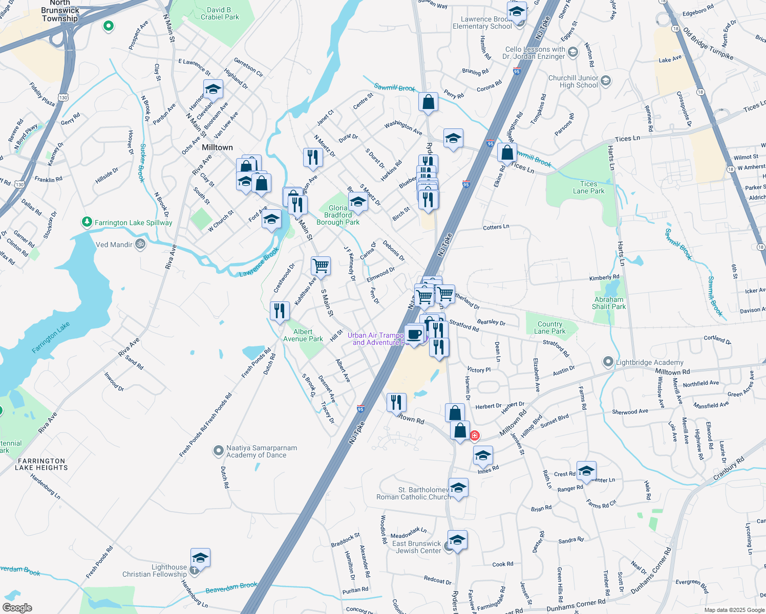 map of restaurants, bars, coffee shops, grocery stores, and more near 9 Fern Place in Milltown