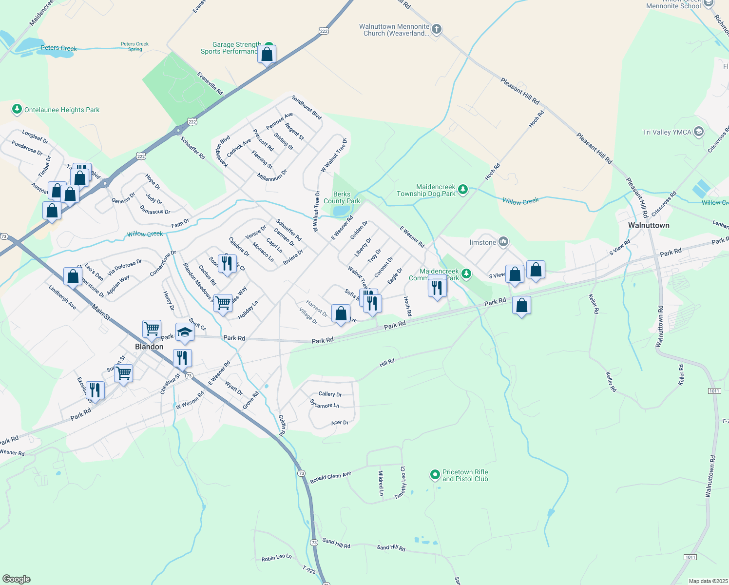 map of restaurants, bars, coffee shops, grocery stores, and more near 616 Walnut Tree Drive in Blandon