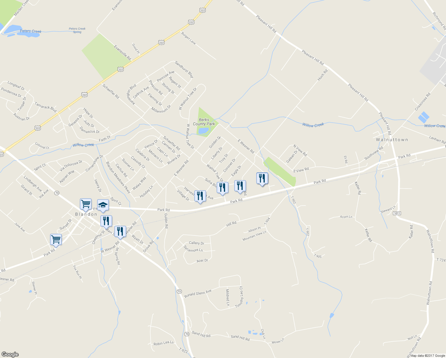 map of restaurants, bars, coffee shops, grocery stores, and more near 619 Walnut Tree Drive in Blandon