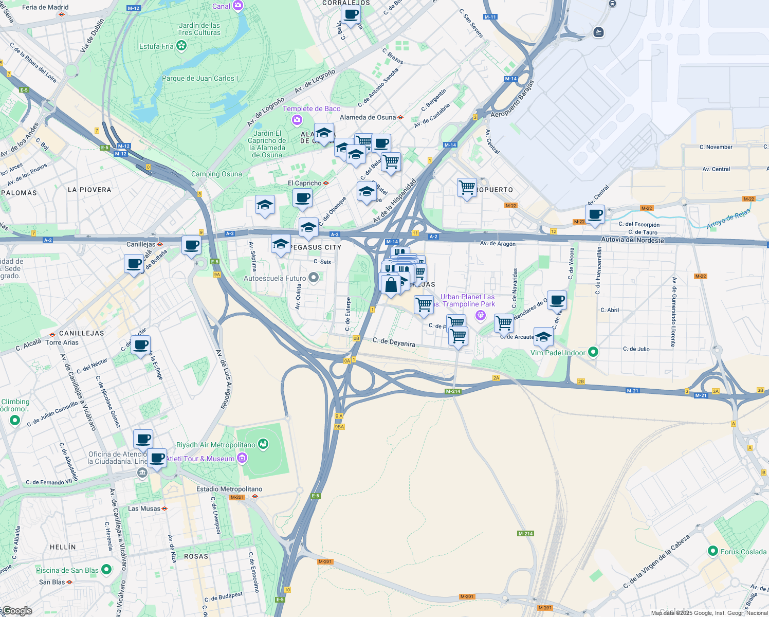 map of restaurants, bars, coffee shops, grocery stores, and more near 28 Calle de Aracne in Madrid