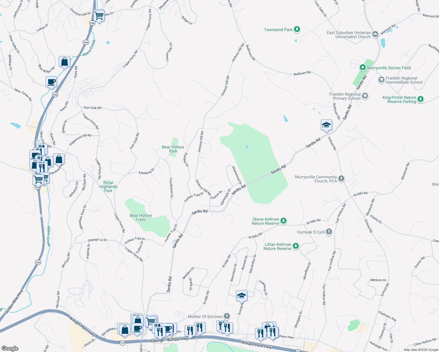 map of restaurants, bars, coffee shops, grocery stores, and more near 4013 Sloanwood Drive in Murrysville