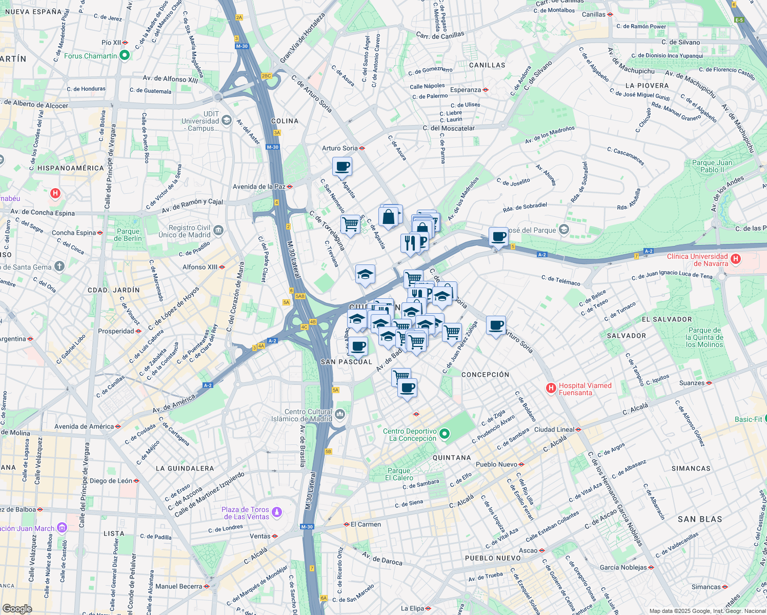 map of restaurants, bars, coffee shops, grocery stores, and more near in Madrid