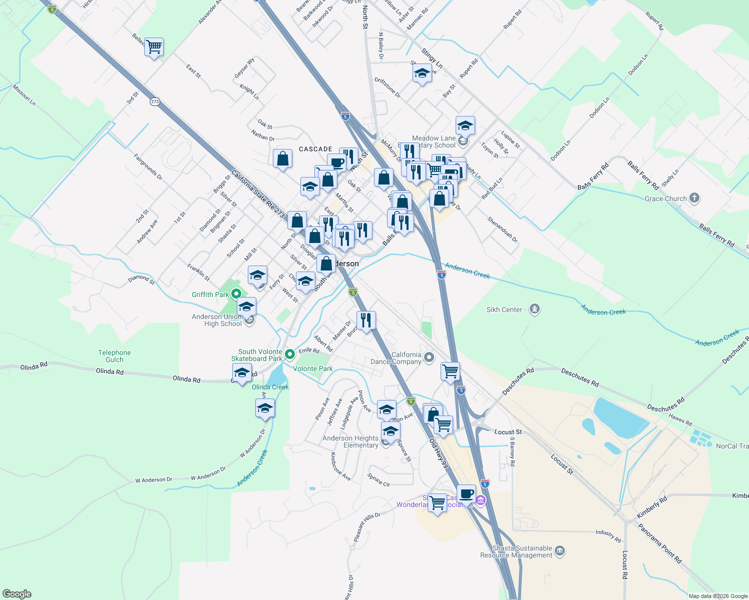 map of restaurants, bars, coffee shops, grocery stores, and more near 2646 Barney Rd in Anderson