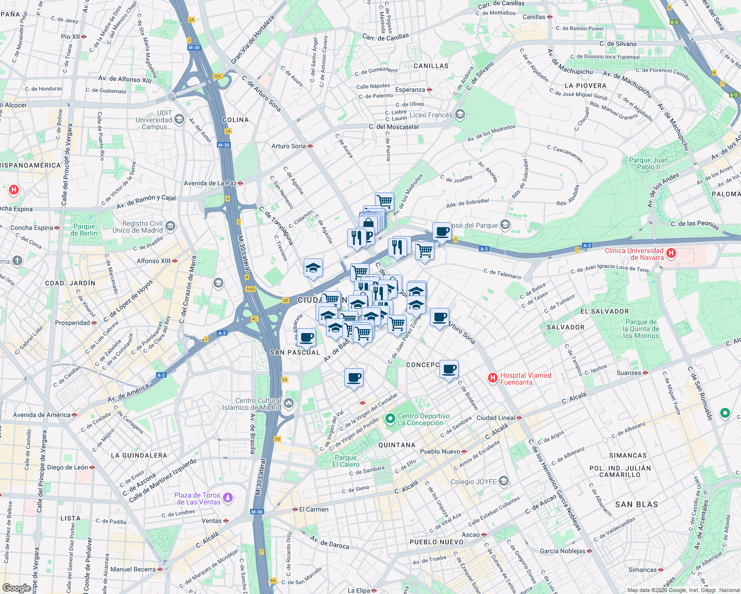 map of restaurants, bars, coffee shops, grocery stores, and more near 28 Calle de la Condesa de Venadito in Madrid