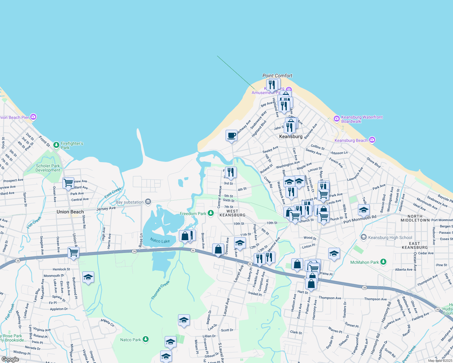 map of restaurants, bars, coffee shops, grocery stores, and more near 51 3rd St in Keansburg
