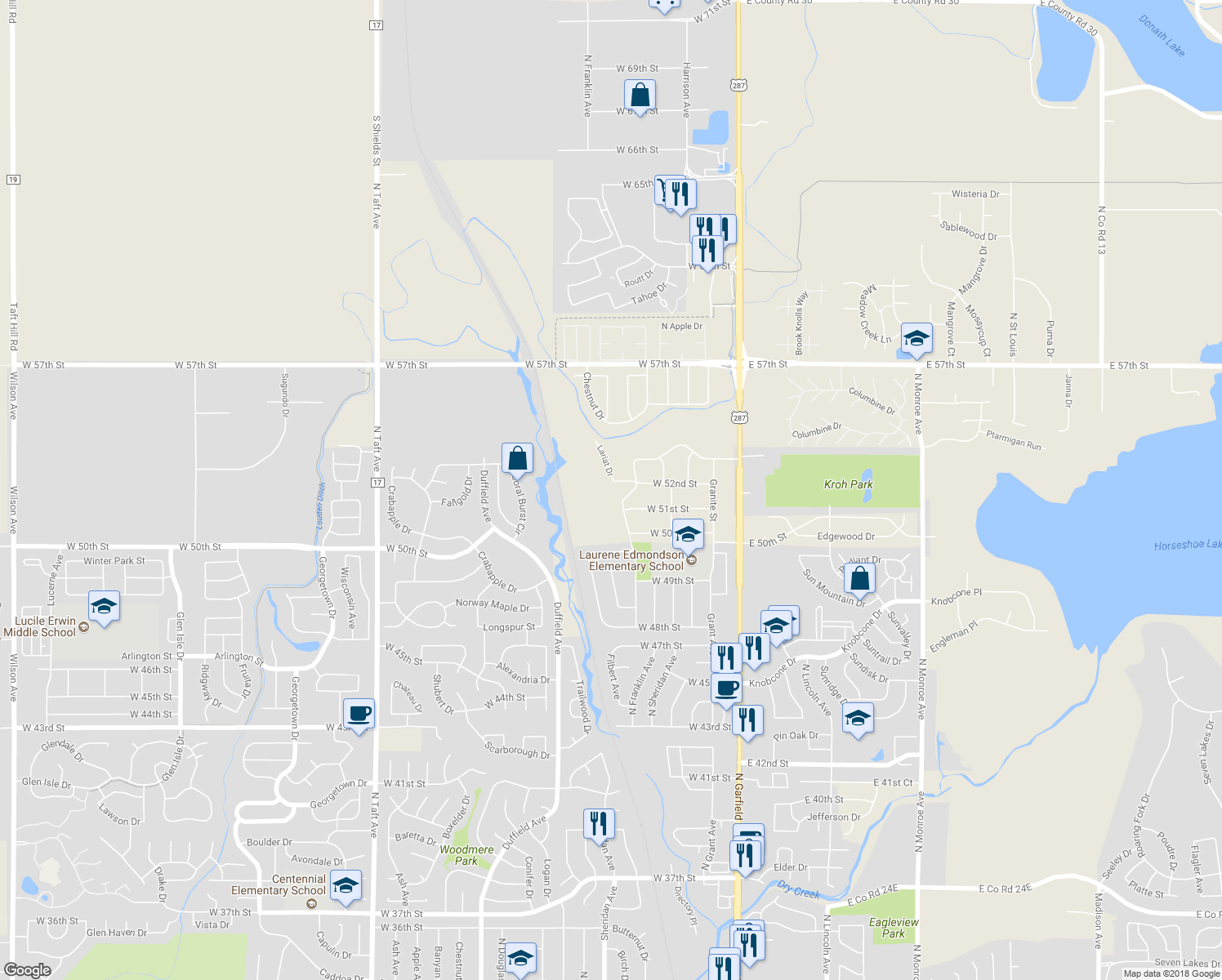 map of restaurants, bars, coffee shops, grocery stores, and more near 5201 Lariat Drive in Loveland