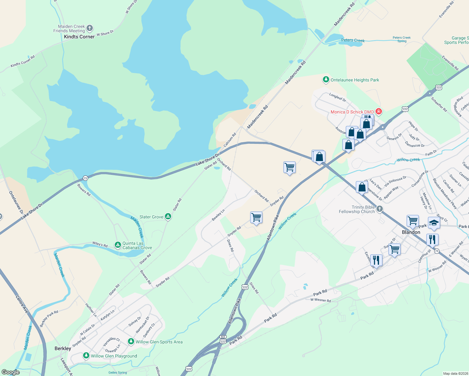 map of restaurants, bars, coffee shops, grocery stores, and more near 14 Lakeview Drive in Reading