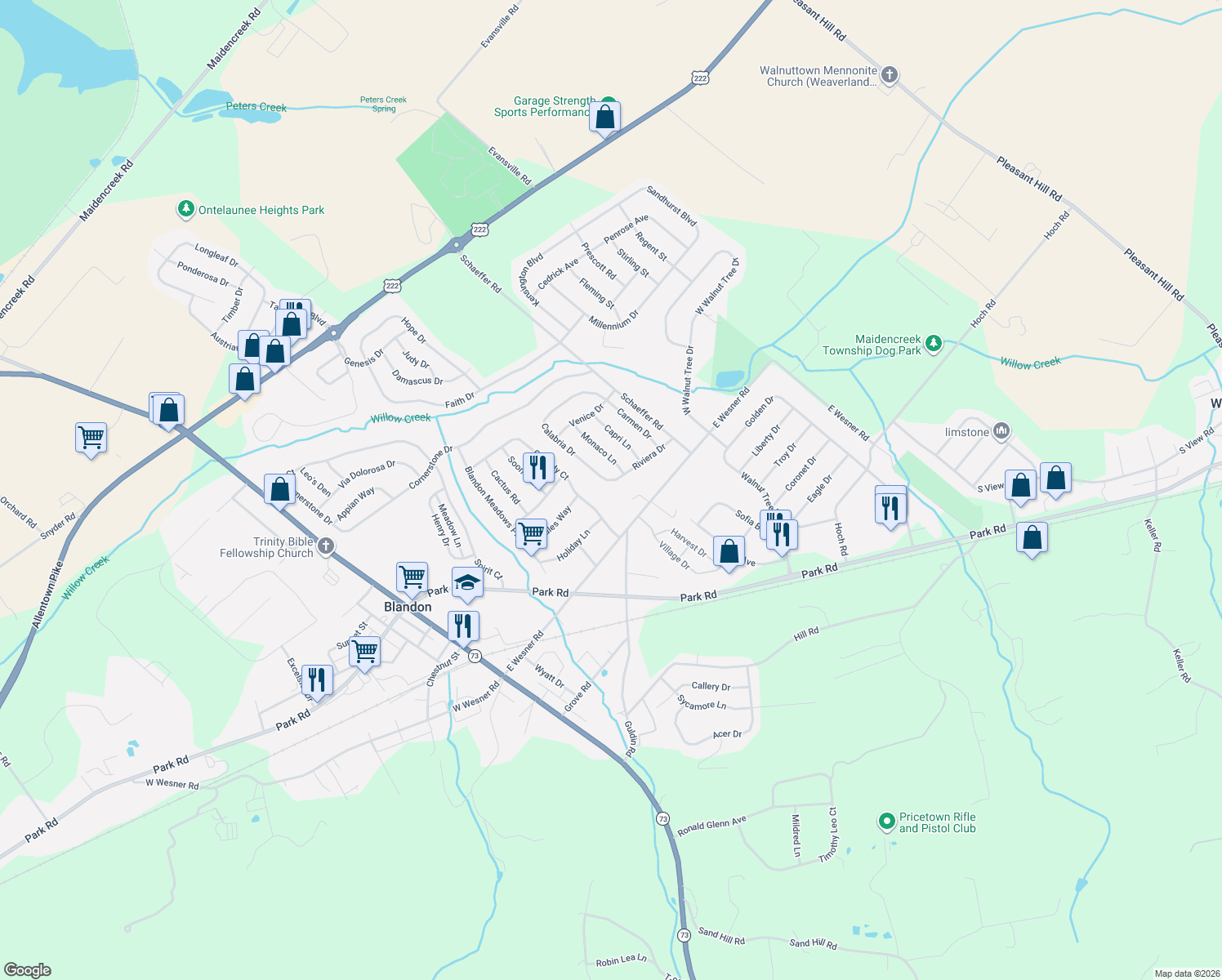 map of restaurants, bars, coffee shops, grocery stores, and more near 426 Riviera Dr in Blandon