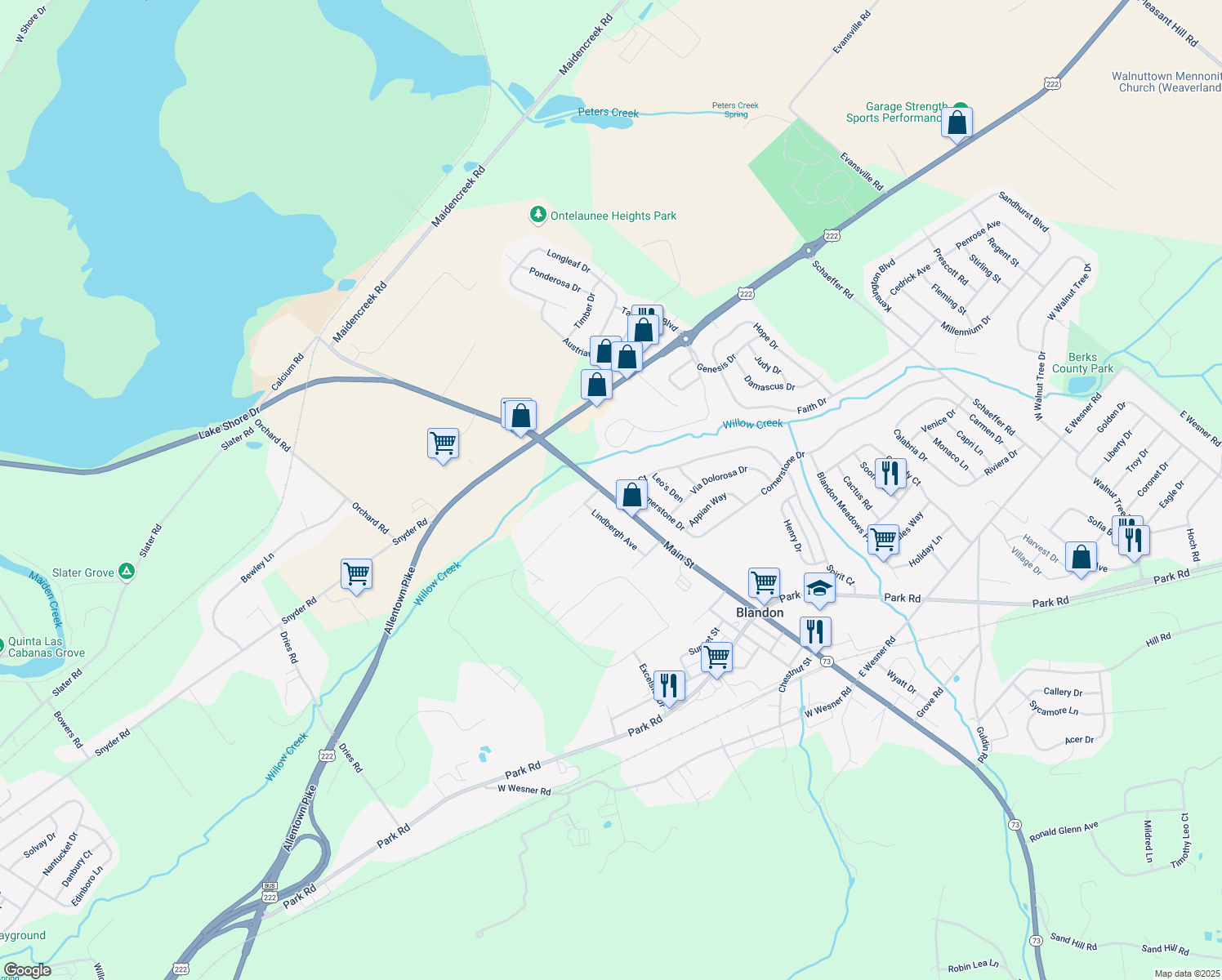 map of restaurants, bars, coffee shops, grocery stores, and more near 25 Spirit Court in Blandon