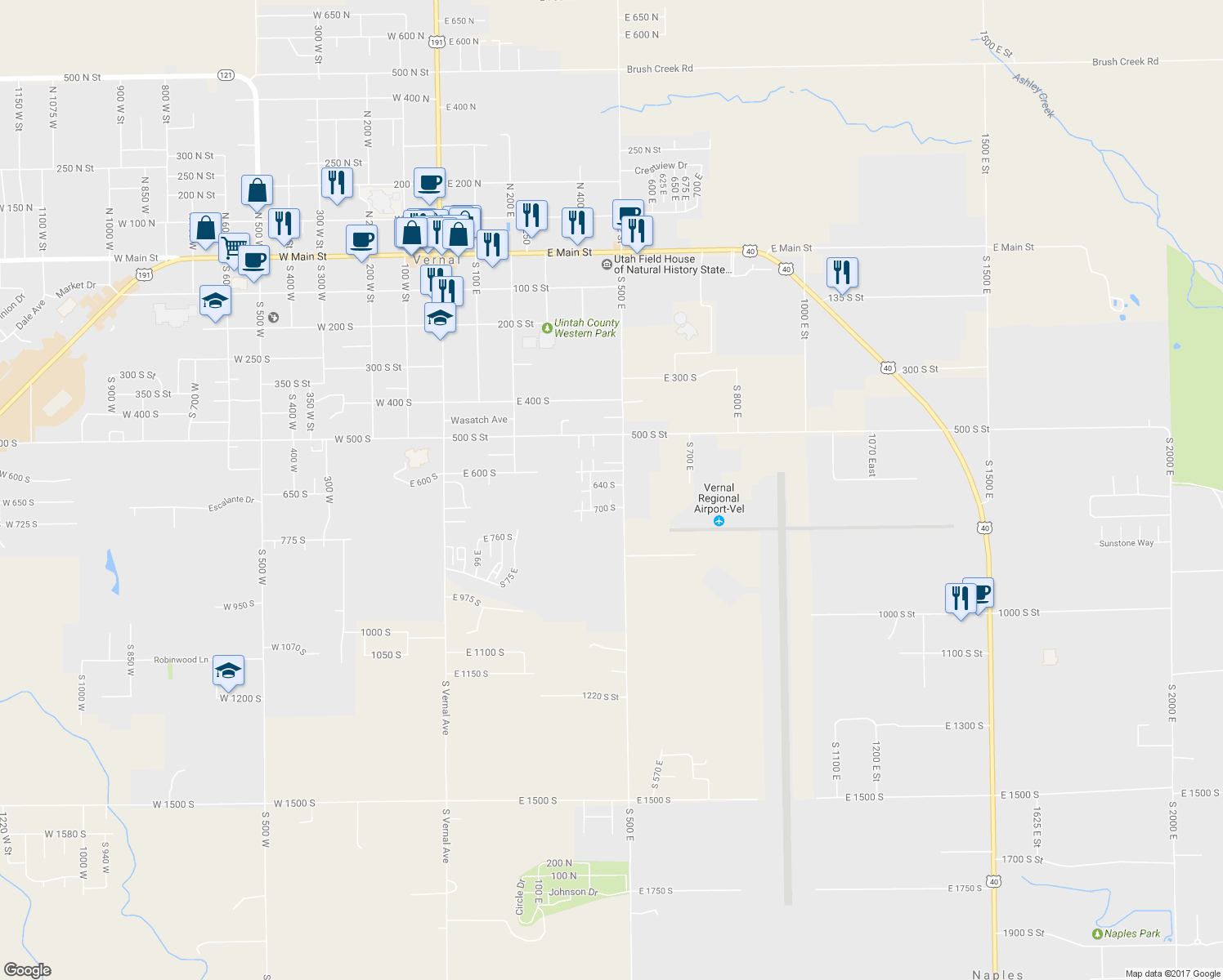 map of restaurants, bars, coffee shops, grocery stores, and more near 472 E 640 S in Vernal
