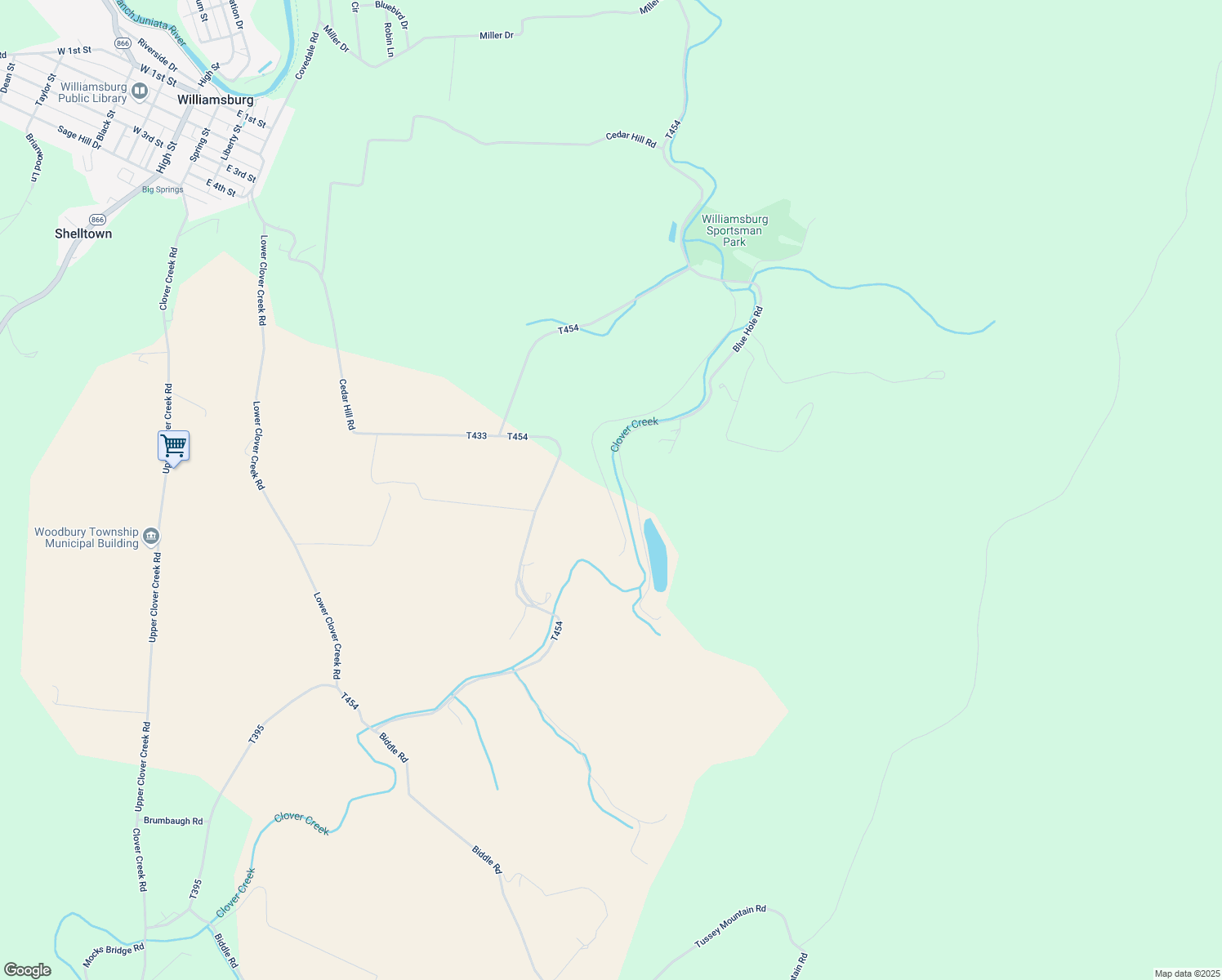 map of restaurants, bars, coffee shops, grocery stores, and more near Blue Hole Rd in Williamsburg