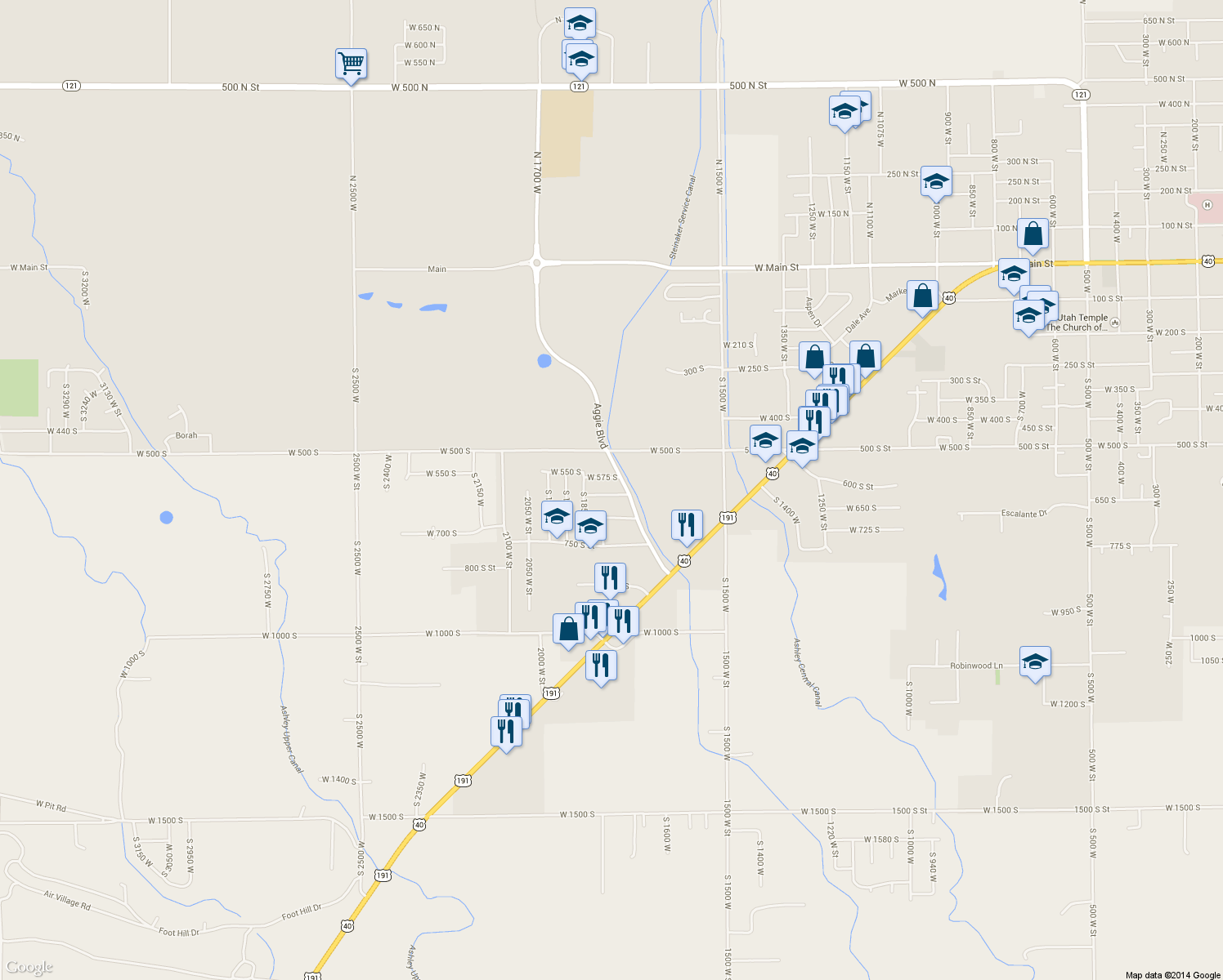 map of restaurants, bars, coffee shops, grocery stores, and more near 1788 West 625 South in Vernal