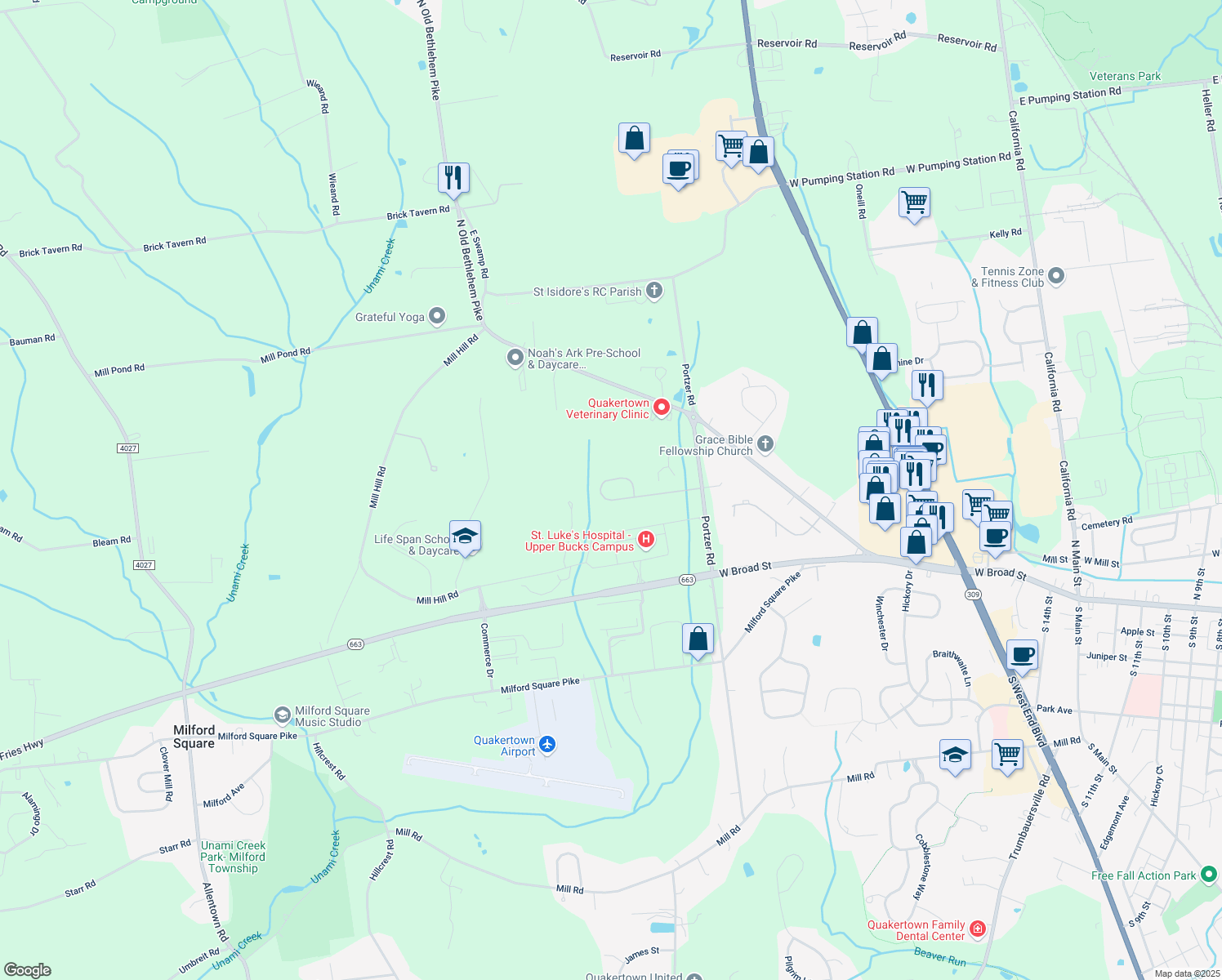 map of restaurants, bars, coffee shops, grocery stores, and more near 2335 Blackledge Drive in Quakertown