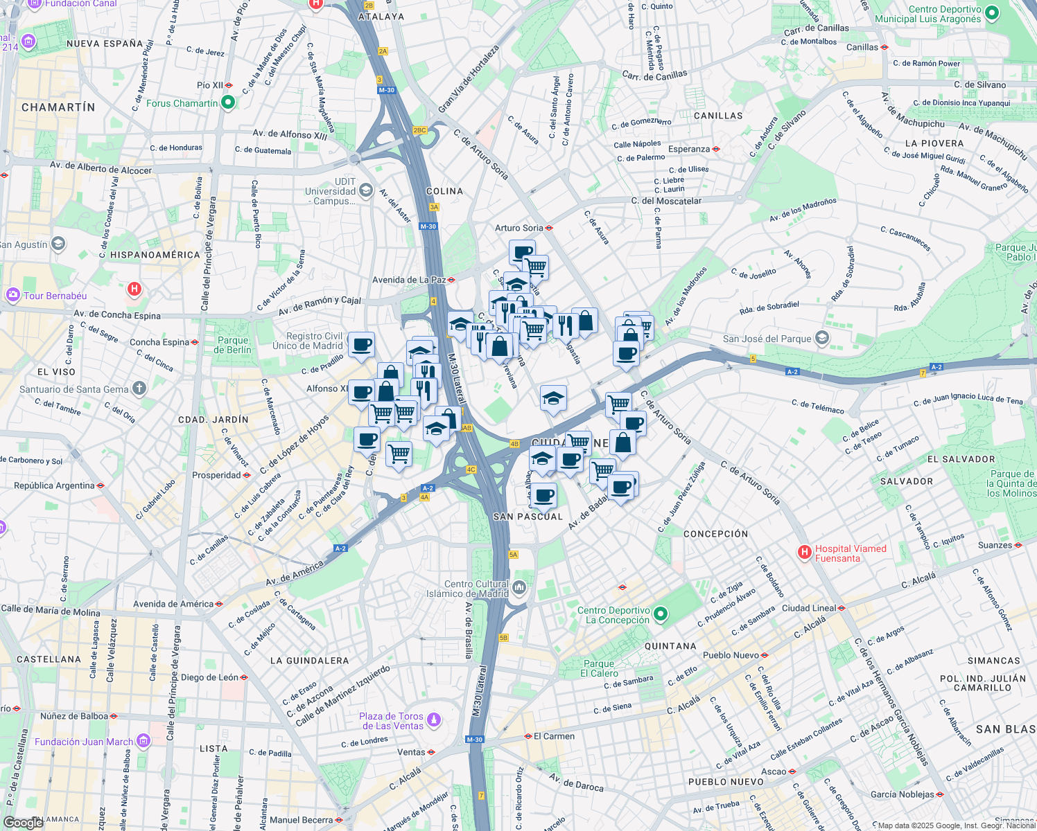 map of restaurants, bars, coffee shops, grocery stores, and more near 35 Calle de Ramírez de Arellano in Madrid