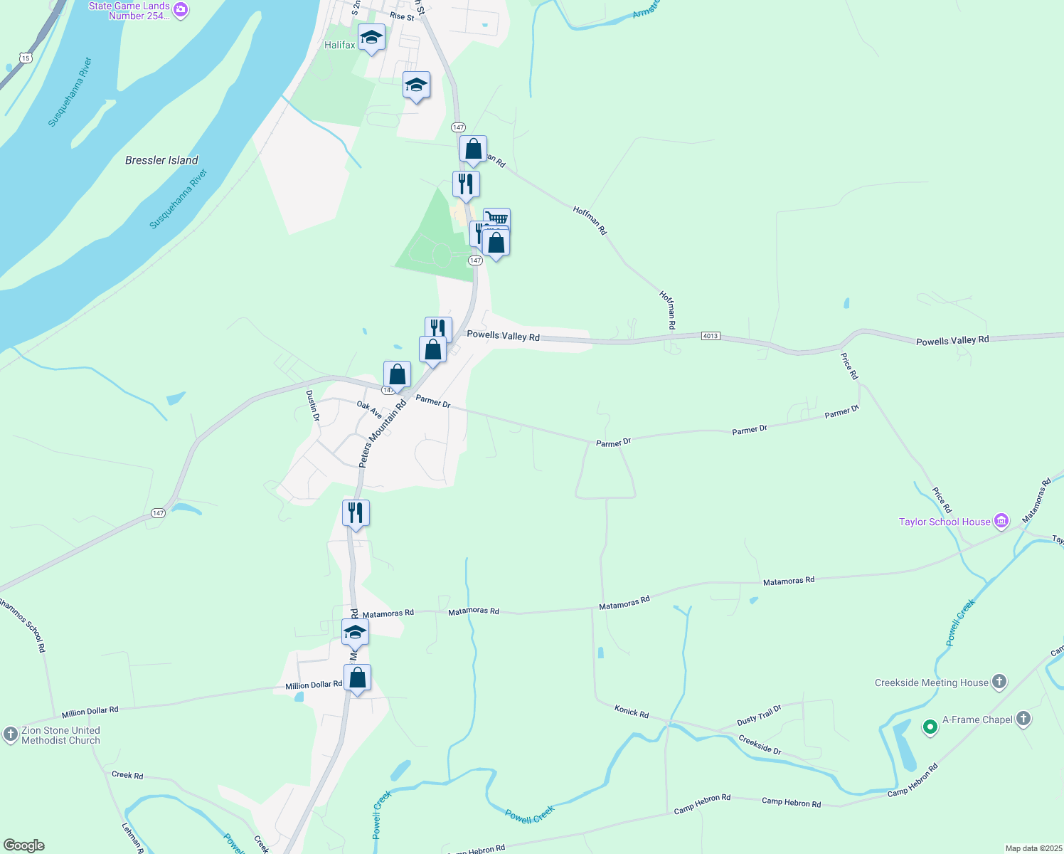 map of restaurants, bars, coffee shops, grocery stores, and more near 125 Parmer Dr in Halifax