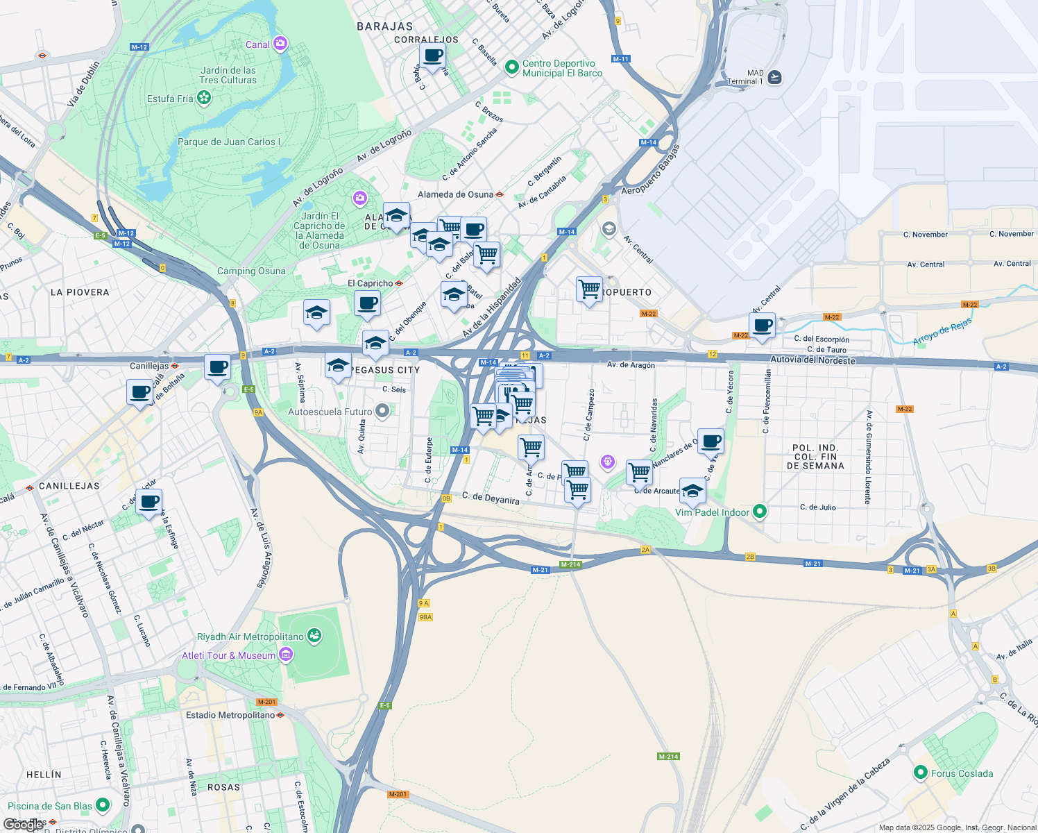 map of restaurants, bars, coffee shops, grocery stores, and more near 28 Calle de Aracne in Madrid