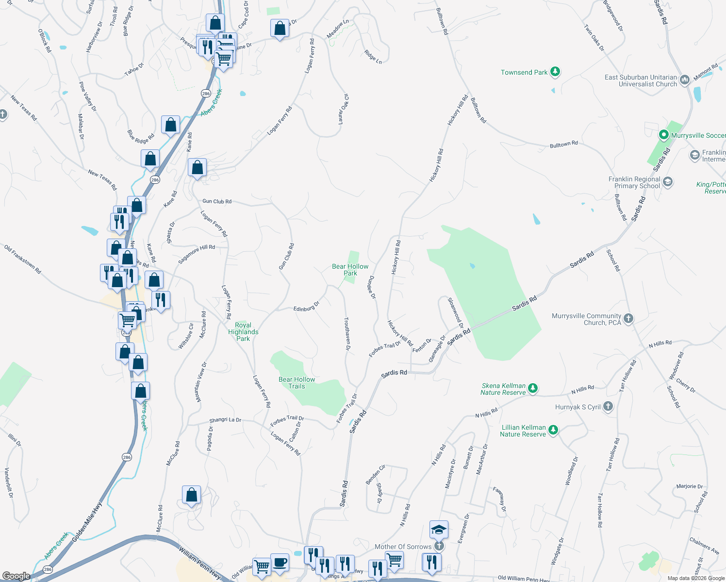 map of restaurants, bars, coffee shops, grocery stores, and more near 4308 Trouthaven Drive in Murrysville