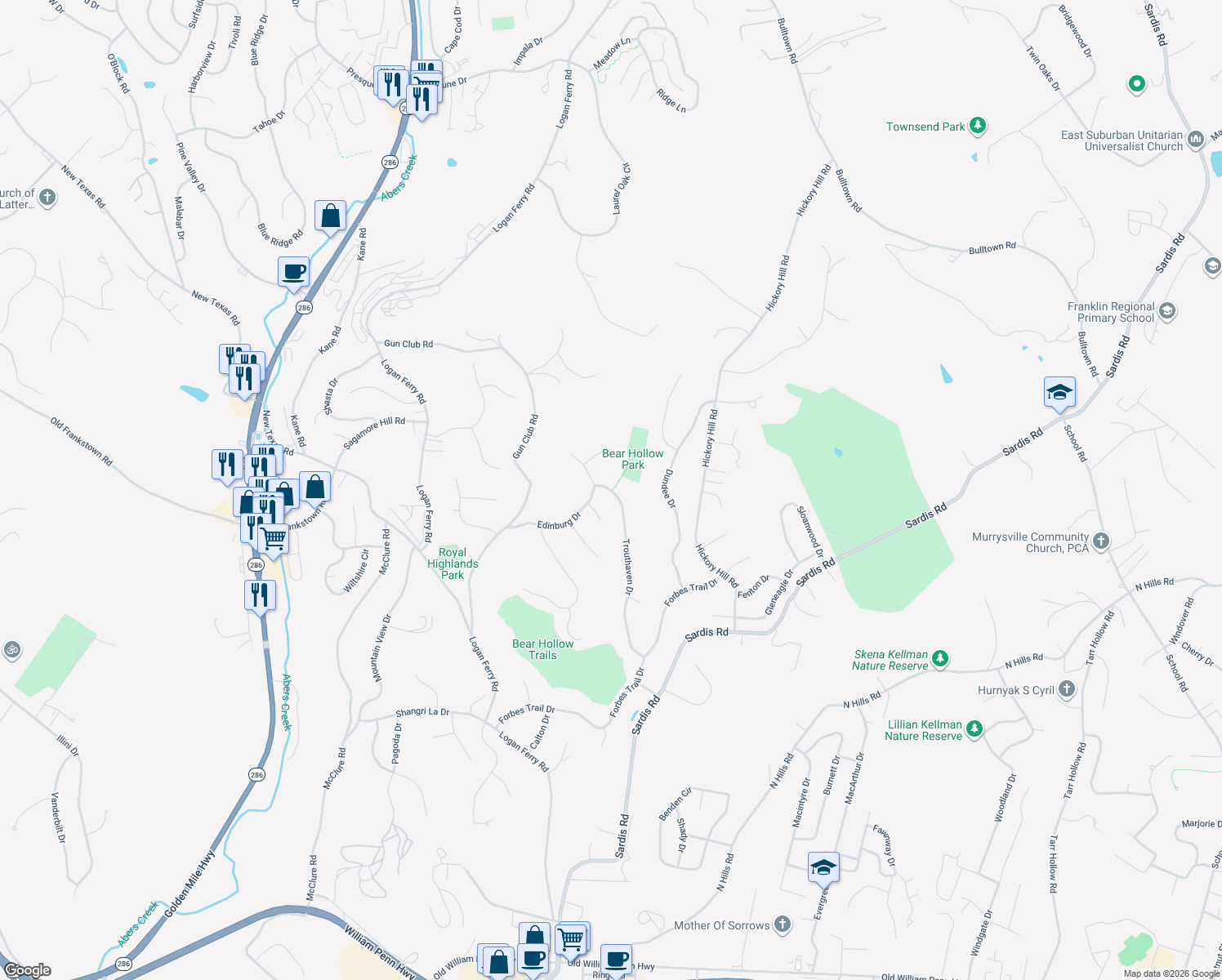 map of restaurants, bars, coffee shops, grocery stores, and more near 4308 Trouthaven Drive in Murrysville