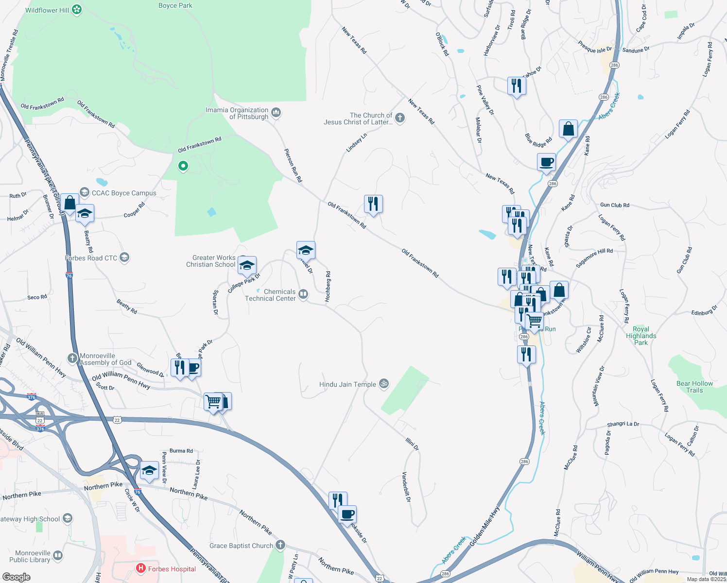 map of restaurants, bars, coffee shops, grocery stores, and more near 407 Cyra Dr in Monroeville