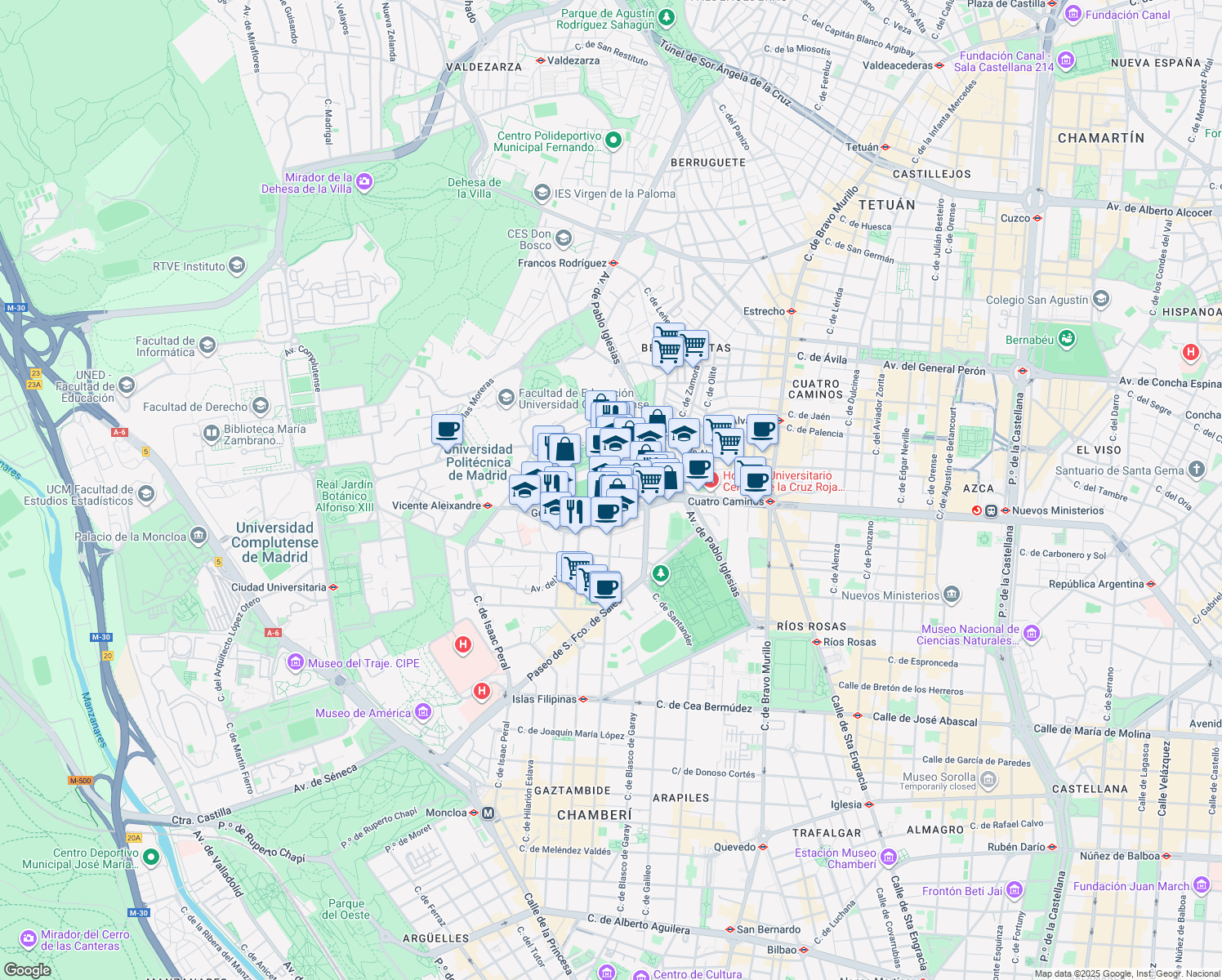map of restaurants, bars, coffee shops, grocery stores, and more near 1 Calle Aravaca in Madrid