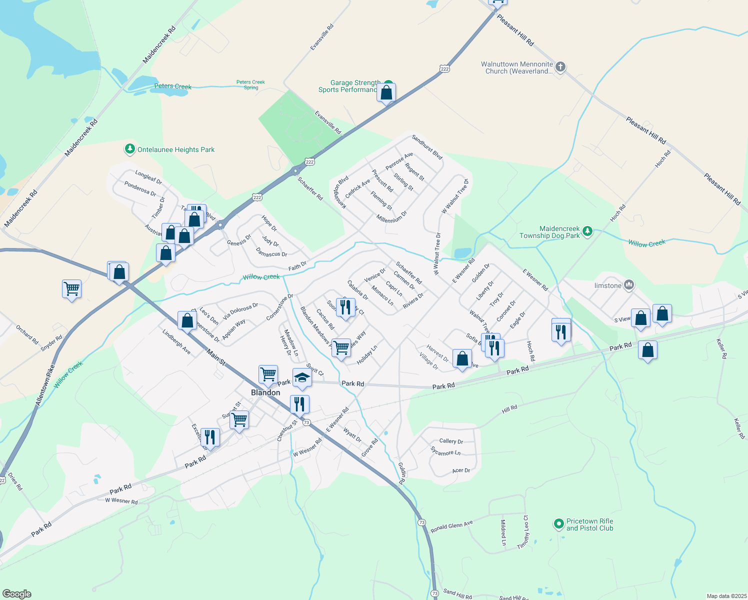 map of restaurants, bars, coffee shops, grocery stores, and more near 411 Riviera Dr in Blandon