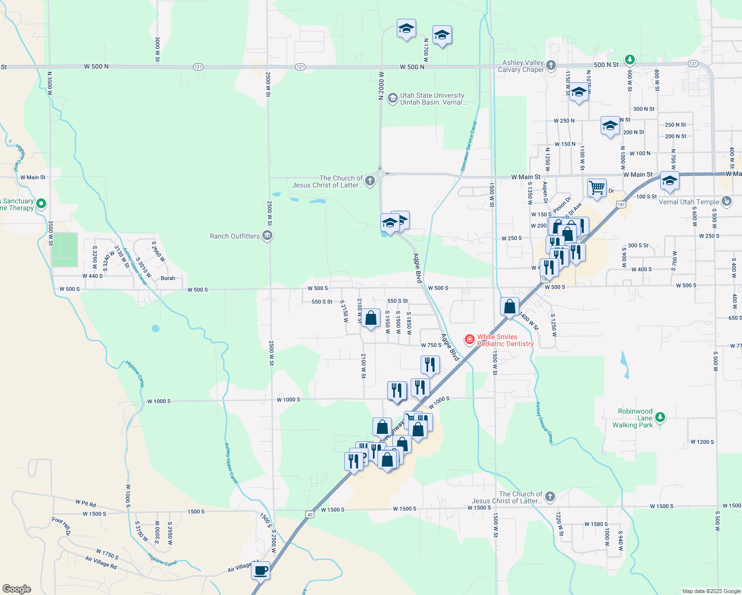 map of restaurants, bars, coffee shops, grocery stores, and more near 540 2050 West Street in Vernal